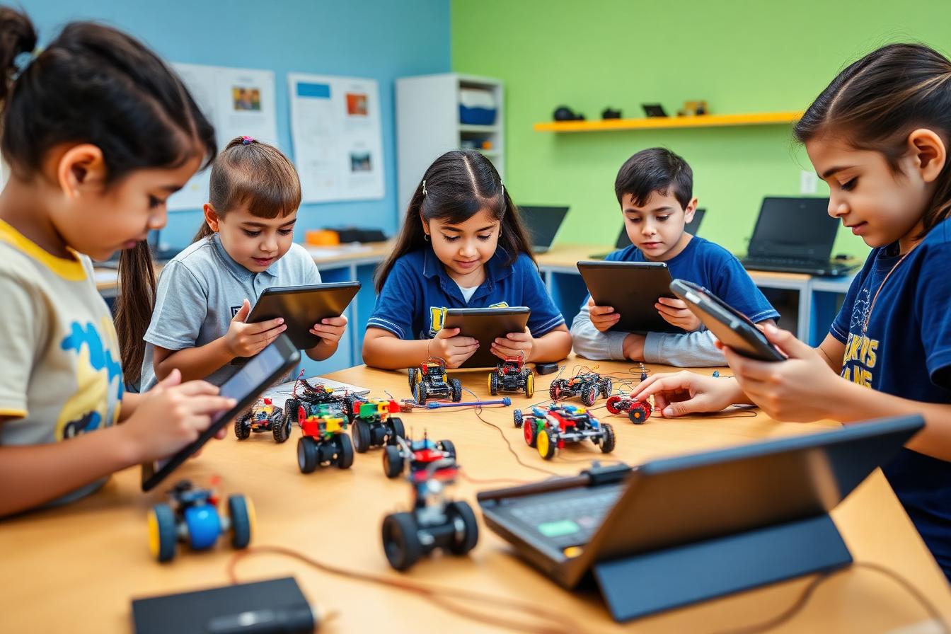 Alunos na aula de robótica da Escola Anjos Aguiar